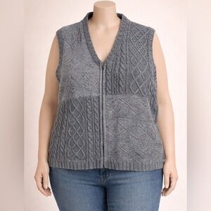 St John’s Bay 1X Cable Knit Zip Sweater Vest Ramie Wool Gray